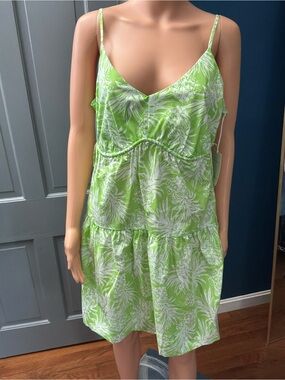 Green Tropical Print V-Neck Slip Dress with Spaghetti Straps